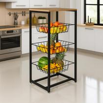 Fruteira de Chão Cozinha Montada Aço Preto Tampo Canela Roma Fruteira de Chão Cozinha Montada Aço Preto Tampo Canela Roma