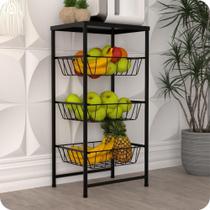 Fruteira de Chão Para Cozinha 3 Andares Cesto Preta Plus