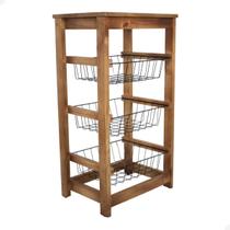 Fruteira De Chão Pra Cozinha Com Tampo De Madeira 3 Cestos Multiuso Porta Frutas