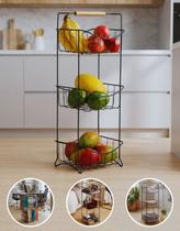 Fruteira De Chao Preta Tripla Cesto Organizador De Cozinha em Aço Arthi Para Legumes e Frutas Fruteira De Chao Preta Tripla Cesto Organizador De Cozinha em Aço Arthi Para Legumes e Frutas