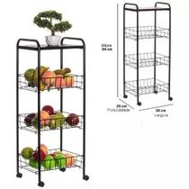 Fruteira De Chão Tripla Metal Com Rodas E Tampo Em Madeira - Metaltru