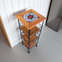 Fruteira de Madeira Rústica 3 Andares com Ladrilho Hidraúlico e Rodinhas