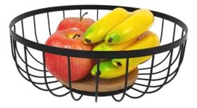 Fruteira De Mesa Aramada Base de Madeira Frutas e Legumes 28,5CM Preta Cozinha