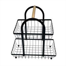 Fruteira De Mesa Cesta Aramada Organizador 2 Andares Estrutura Estável Curvada com Alça de Madeira