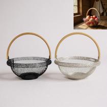 Fruteira de Mesa Cesto Multiuso Aramada com Alça de Bambu Decorativa Cesta de Frutas