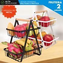Fruteira de Mesa Preta 2 Andares em Metal com Alça de Madeira Cesto Organizador Multiuso Moderna Fruteira de Mesa Preta 2 Andares em Metal com Alça de Madeira Cesto Organizador Multiuso Moderna