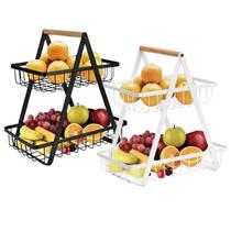Fruteira de Mesa Sortida 2 Andares Cesto de Metal Alça Madeira Casa Cozinha Apartamento Frutas Legumes Objetos Decoração Mesa Posta