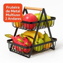 Fruteira de Metal Multiuso 2 Andares Sortida com Alça de Madeira Organizador Cozinha Banheiro Escritório Moderno Resistente