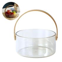 Fruteira de Vidro com Alça de Madeira Centro de Mesa Multifuncional para Eventos e Decoração