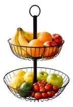 Fruteira Dupla Preta 2 Andares em Metal Organizador de Frutas Moderno para Cozinha, Bancada e Mesa