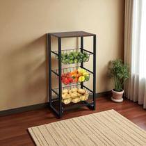 Fruteira Industrial De Chão Cozinha Preto Aço Mdf Marrom