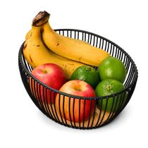 Fruteira Oval Pequena BSMIX Base Madeira Natural Metal Preto Fosco Porta Frutas Bancada Cozinha