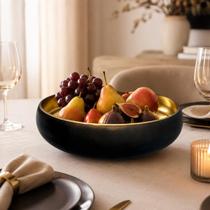 Fruteira Vidro Preto Dourado Centro De Mesa Decorativo 28cm