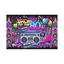 Fundo De Festa Anos 80 Com Luzes Neon, Fitas De Poliéster, Amplificadores E Texto Retrô "Volta Aos