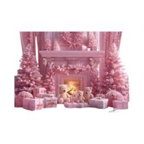 Fundo De Natal Rosa Com Árvore, Lareira E Caixa De Presentes Para Festa Em Família, Chá De Bebê E