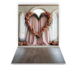 Fundo Fotográfico 1,50 X 2,70 - Coração Folhagens com Flores Bege, Rosa 157