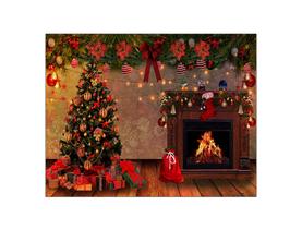 Fundo Fotográfico 1,55 X 1,20 - Natal Efeito Madeira Lareira Árvore com Presentes 056