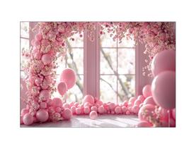 Fundo Fotográfico 2,20 x 1,50 - Arco de Balões Rosa com Flores Brancas 064 Fundo Fotográfico 2,20 x 1,50 - Arco de Balões Rosa com Flores Brancas 064