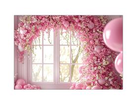 Fundo Fotográfico 2,20 x 1,50 - Arco de Flores Rosa com Balões na Janela 065