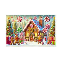 Fundo Fotográfico De Decoração Para Festas De Natal Com Casa De Gengibre, Boneco De Neve E Doces