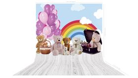 Fundo Fotográfico em Tecido Arco-íris Madeira Ursos Balões