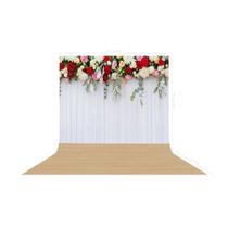 Fundo Fotografico em Tecido Cortina Branca Flores e Madeira -150x170cm