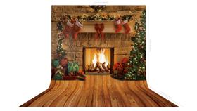 Fundo Fotográfico em Tecido Natal Lareira Árvore e Meias - 150x170cm