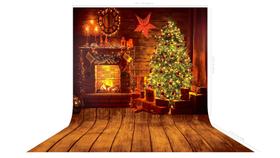 Fundo Fotográfico em Tecido Natal Madeira Lareira e Árvore - 150x170cm