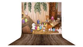 Fundo Fotográfico em Tecido Páscoa Cenário Ovos e Coelho - 150x170cm