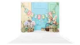 Fundo Fotografico em Tecido Páscoa Coelhos Madeira Branca -150x170cm