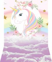 Fundo Fotográfico Em tecido Unicórnio Flores e Nuvens - 150x170cm