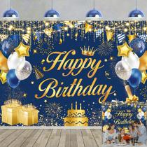 Fundo para festa de aniversário azul e dourado 180x120 cm Fundo para festa de aniversário azul e dourado 180x120 cm