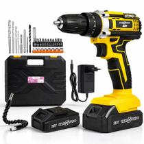 Furadeira e Parafusadeira de Impacto 21V Sem Fio 2 Baterias LED 32 Acessórios 2 Velocidades Maleta Completa Bivolt Profi