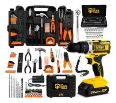 Furadeira Parafusadeira Impacto 2 Baterias 21v 3/8 Kit Ferramentas 169 Peças Maleta The Black Tools