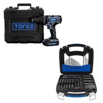 Furadeira Parafusadeira Profissional TRB0012, 20 Volts e Jogo de Brocas e Bits Torkz TRK0006 75 Peças