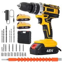 Furadeira Parafusadeira Sem Fio Com 2 Baterias 48V Led 110v 220v Kit Completo Maleta Soquetes Brocas e Eixo Flexível