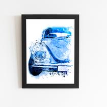 Fusca Arte Aquarela Azul Carro Quadro Moldura Preta 60x40cm