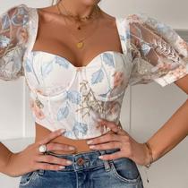 G0311-Blusa Top Cropped Bordado Manga Bufante Corselet Sexy 409s G0311-Blusa Top Cropped Bordado Manga Bufante Corselet Sexy 409s