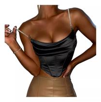 G0319-Top Cropped Blusa Feminina Festa Palhetas Corset Strass Luxo