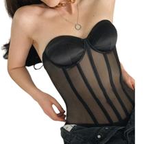 G1310-Blusa Festa Luxo Barbatanas Sem Mangas Decotado Decote Coração Transparência Dia a Dia Balada Apresentação Moderno