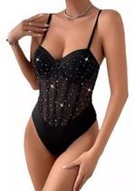 G3506-Blusa Festa Balada Sexy Body Brilho Tule Strass Decote 23o01