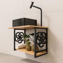 Gabinete Armário Banheiro Lavabo Com Cuba Pia De Apoio Preta Amadeirado Estilo Industrial Moderno