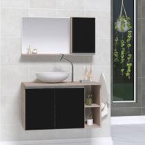 Gabinete banheiro armário 80cm + cuba vidro branca + espelheira madeirado/preto