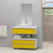 Gabinete banheiro creta 60cm com cuba sobrepor e espelho branco/amarelo