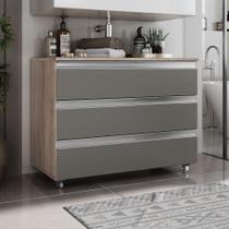 Gabinete Banheiro Rodinhas Joia 80cm 03 Gavetas Madeirado Cinza