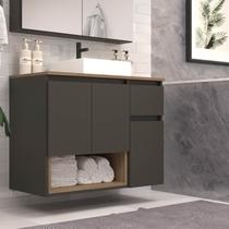 Gabinete Banheiro Suspenso 80cm com 03 Portas 01 Gaveta e Nicho com Cuba Aurora Preto/Mel/Graffite Gabinete Banheiro Suspenso 80cm com 03 Portas 01 Gaveta e Nicho com Cuba Aurora Preto/Mel/Graffite