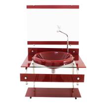 Gabinete com cuba para banheiro de vidro itxx 60cm inox vermelho cereja com torneira cromada