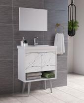 Gabinete com Espelheira Retrô para Banheiro com Lavatório Sigma Branco com Marmorizado Branco - Cerocha