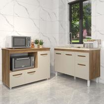 Gabinete Cozinha Armário Balcão de Pia 120 cm Aline e Balcão para Microondas e Forno Elétrico Lilian Savana Off White