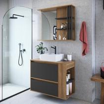 Gabinete de Banheiro 80cm Estela com Espelheira 01 Gavetão e 1 Basculante Mel/grafite com Cuba Branc